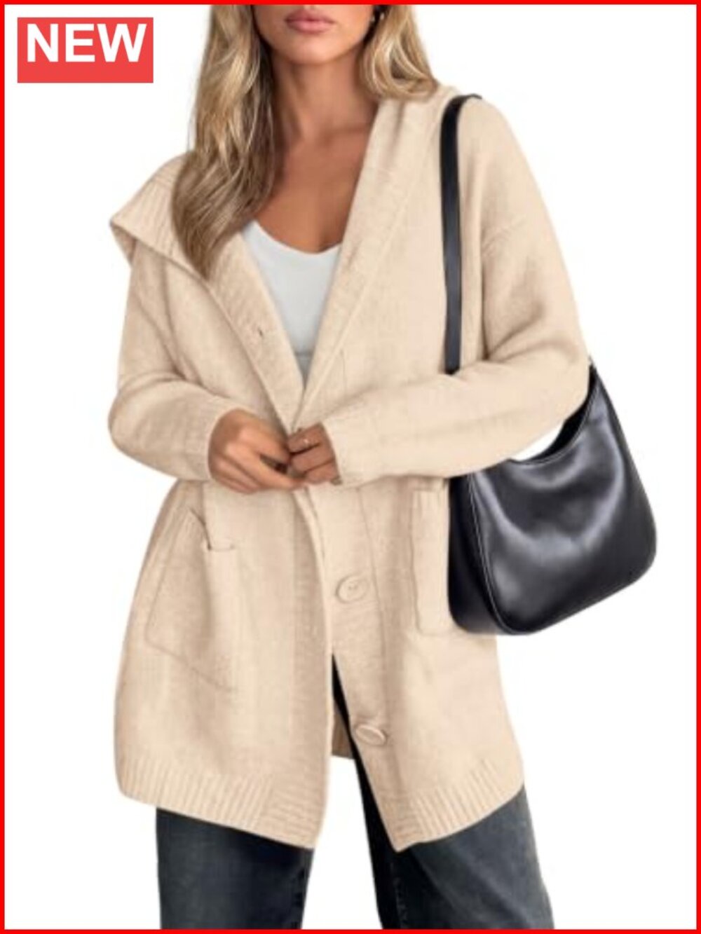 Womens Oversized Hooded Cardigan Chunky Knit Button Up Sweater